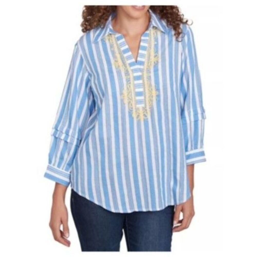 Ruby Rd 2x Plus Boho Striped Embroidered V-Neck T… - image 1